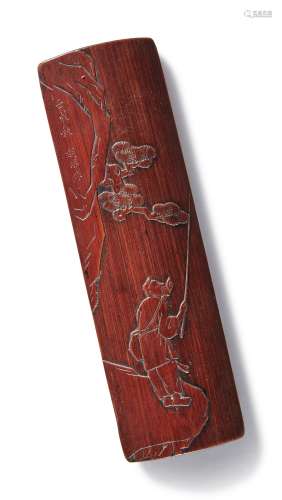 A CARVED BAMBOO 'FISHERMAN' WRISTREST, SIGNED HU CHEN,  QING DYNASTY