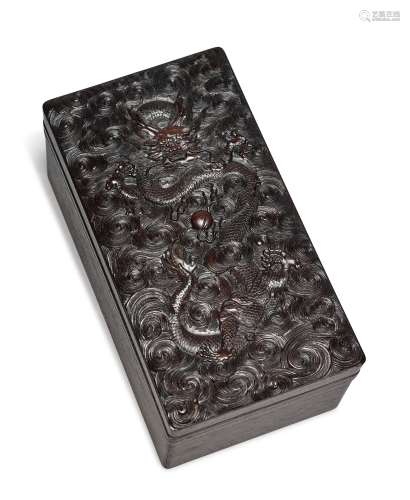 A HARDWOOD 'DRAGON' DOCUMENT BOX AND COVER