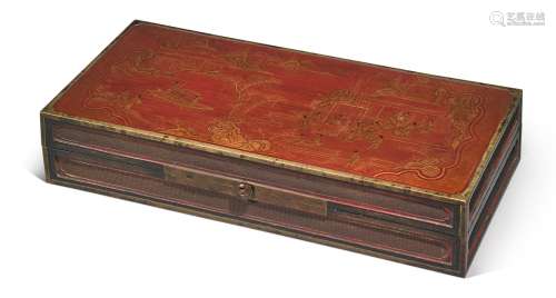 A BROWN LACQUER AND GILT 'FIGURAL' RECTANGULAR BOX AND COVER,  LATE MING / QING DYNASTY