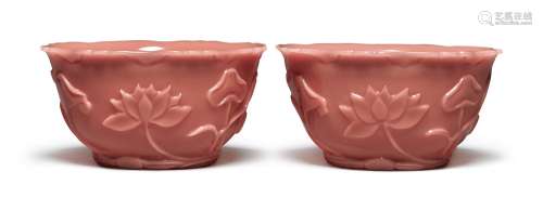 A PAIR OF CARVED PINK GLASS 'LOTUS' BOWLS, QING DYNASTY, 19TH CENTURY