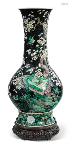 A FAMILLE-NOIRE 'BIRD AND FLOWER' PEAR-SHAPED VASE,  THE PORCELAIN 18TH CENTURY, THE ENAMELS LATER-ADDED