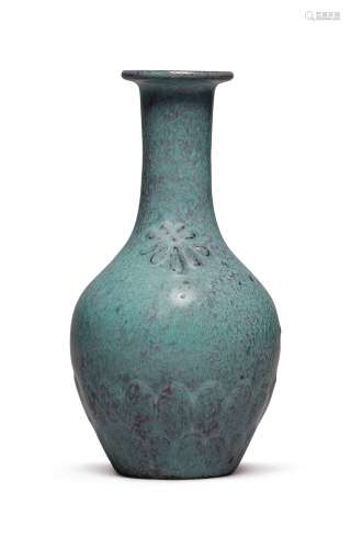 A SMALL MOLDED 'ROBIN'S EGG'-GLAZED BOTTLE VASE, QING DYNASTY, YONGZHENG PERIOD