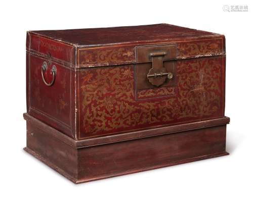 A POLYCHROME-PAINTED LEATHER CHEST, 19TH CENTURY