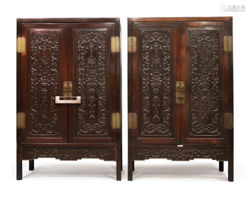 A PAIR OF CARVED 'HONGMU' SQUARE-CORNER CABINETS, LATE 19TH / EARLY 20TH CENTURY