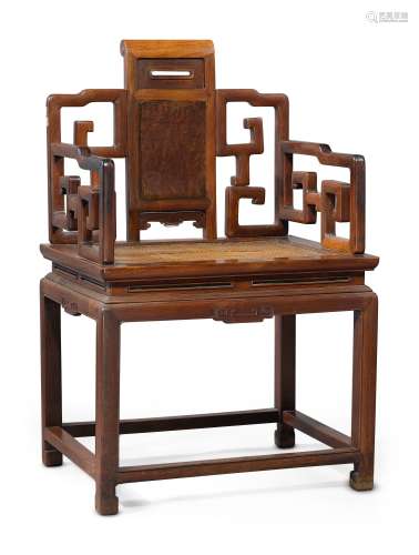A 'HONGMU' AND BURLWOOD SCROLL BACK ARMCHAIR,  LATE 19TH / EARLY 20TH CENTURY