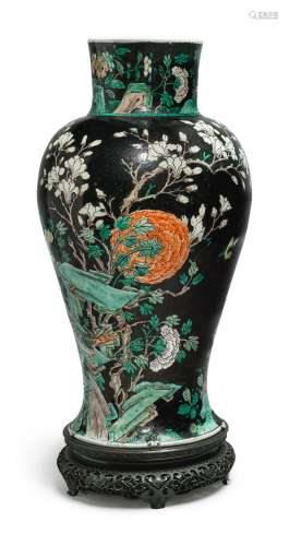A FAMILLE-NOIRE 'BIRD AND FLOWER' BALUSTER JAR, QING DYNASTY, 19TH CENTURY