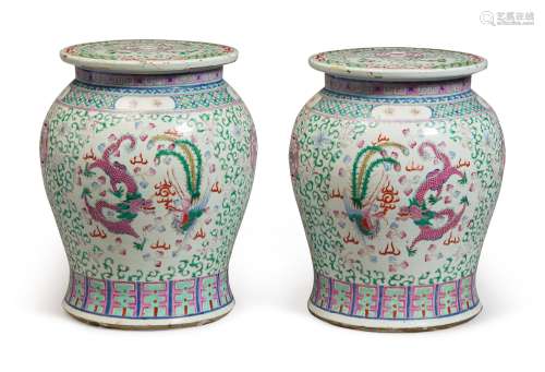 A PAIR OF FAMILLE-ROSE 'DRAGON AND PHOENIX' GARDEN SEATS, EARLY 20TH CENTURY