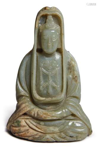 A CELADON JADE FIGURE OF GUANYIN, 19TH / 20TH CENTURY