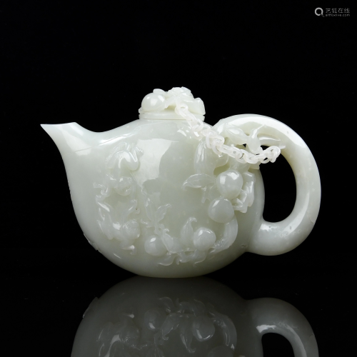 Chinese Carved White Jade Tea Pot