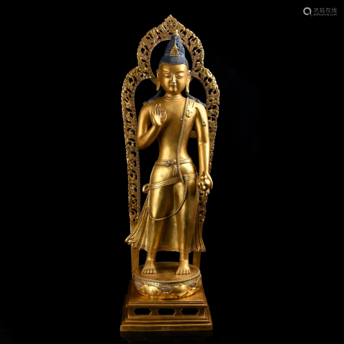 Large Rare Chinese Gilt-Bronze Standing Buddha