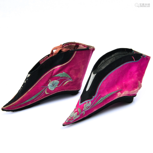 A Pair Of Chinese Embroidered Silk Shoes
