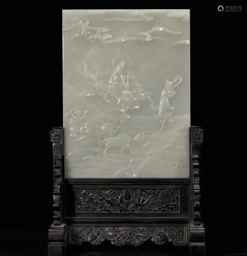 Chinese Carved Celadon Jade Table Screen