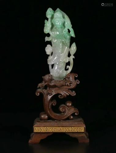Finley Carved Jadeite Guanyin Figure On Stand