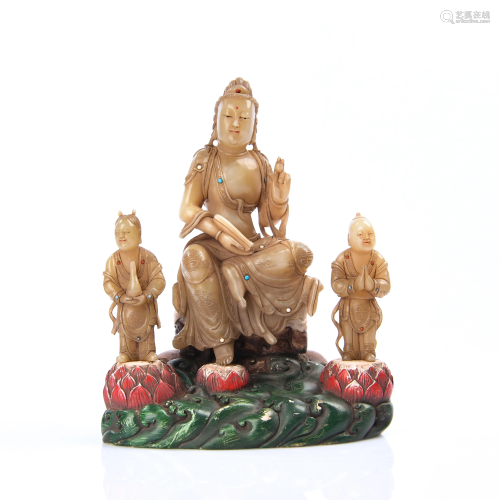 Carved Soapstone Figure of Guanyin With Attendants