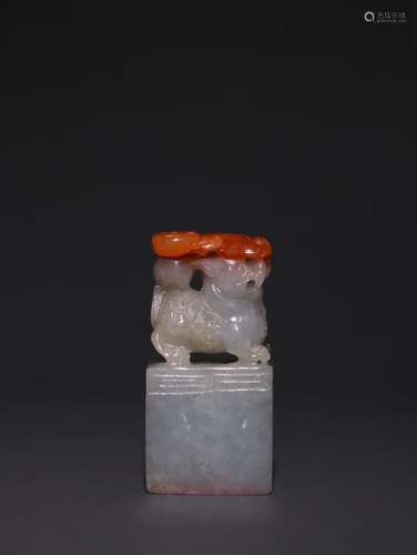 A Chinese Jadeite Seal With Beast Carving