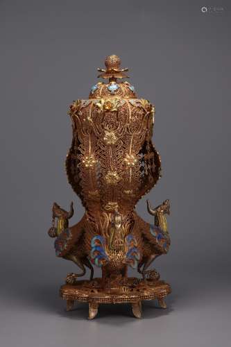 A Gilding Silver Enameling Blue Censer With Phoenix Carving