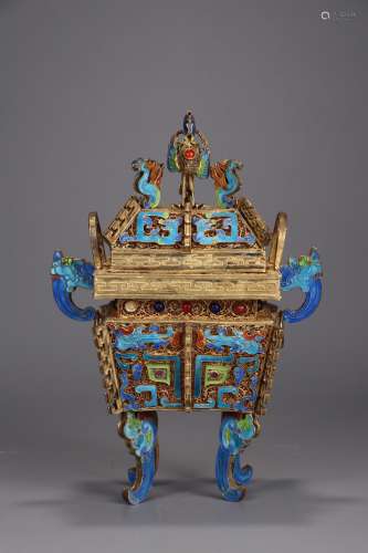 A Gilding Silver Enameling Blue Censer With Beast Carving