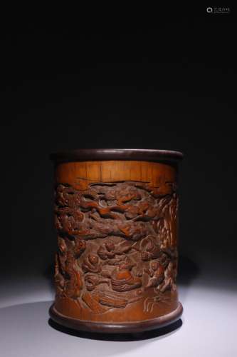 A Bamboo Brush Pot With Story Pattern And Rosewood