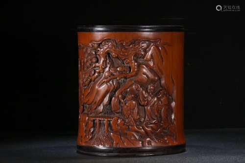 A Bamboo Brush Pot With Story Pattern And Rosewood