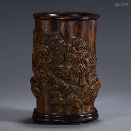 A Chinese Agarwood Brush Pot With Scene Pattern