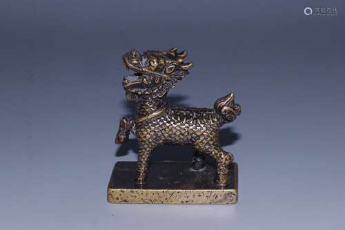 A Chinese Bronze Seal With Beast Carving