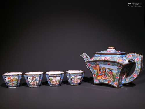 Set Of Bronze Enameled Teapot With Story Painting