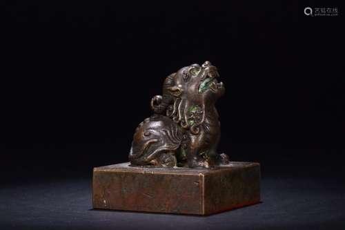 A Chinese Bronze Seal With Beast Carving