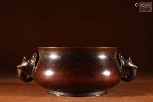 A Chinese Bronze Ear Censer With Beast Pattern