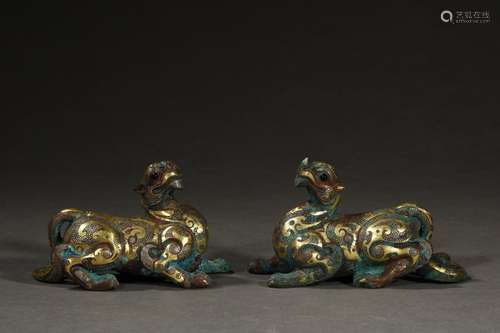 Pair Of Bronze Ornament With Beast Carving