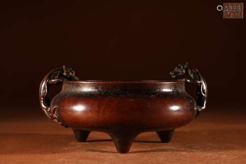 A Chinese Bronze Ear Censer With Dragon Carving