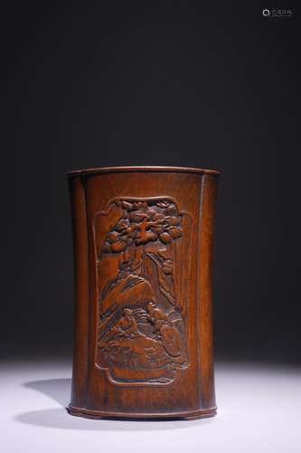 A Boxwood Brush Pot With Story Painting