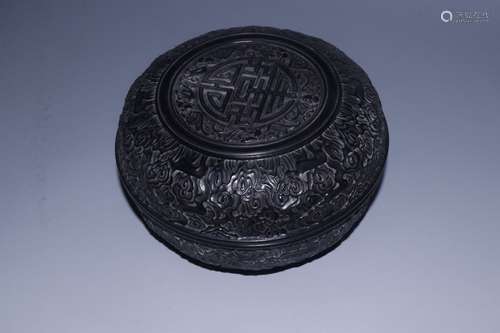 A Chinese Rosewood Box With Beast And Auspicious Pattern