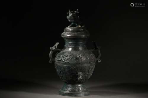 A Chinese Bronze Ware Ear Vase With Dragon Pattern