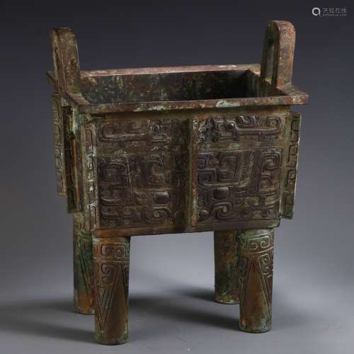 A Chinese Bronze Ware 4-Leg Censer With Beast Carving