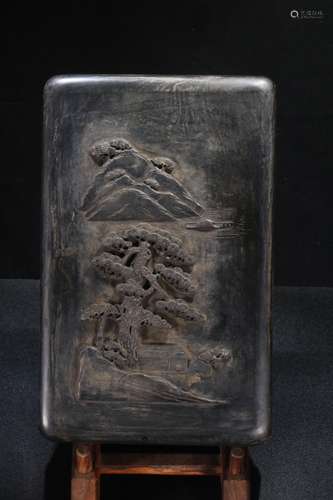 A Chinese Rosewood Inkstone With Scene Pattern