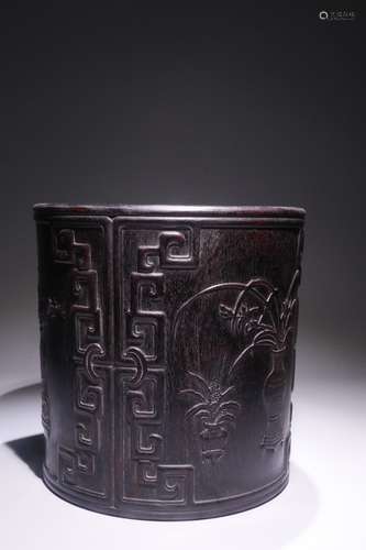 A Chinese Rosewood Brush Pot With Pattern