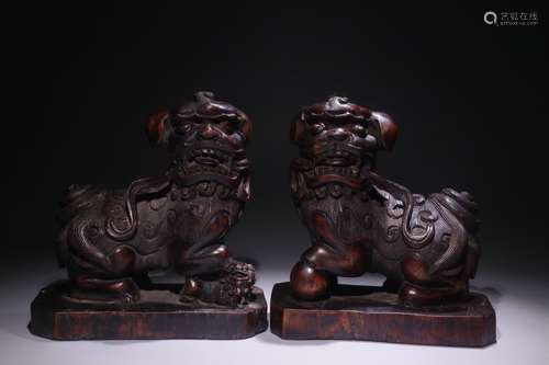 Pair Of Agarwood Beast Ornament