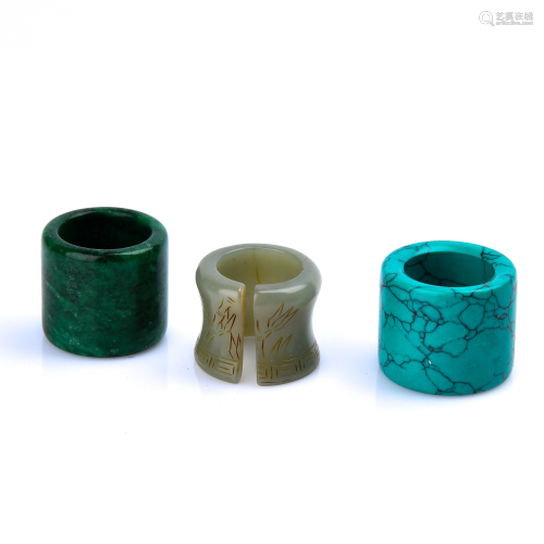 Chinese Carved Jade and Turquoise Archers Rings