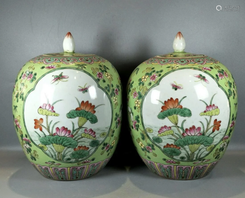A Pair Of Green-Glazed Famille Rose Porcelain Jars