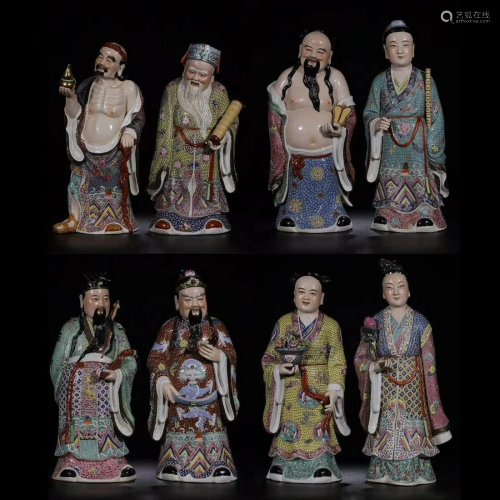 Eight Famille Rose Porcelain Figures of Immortals