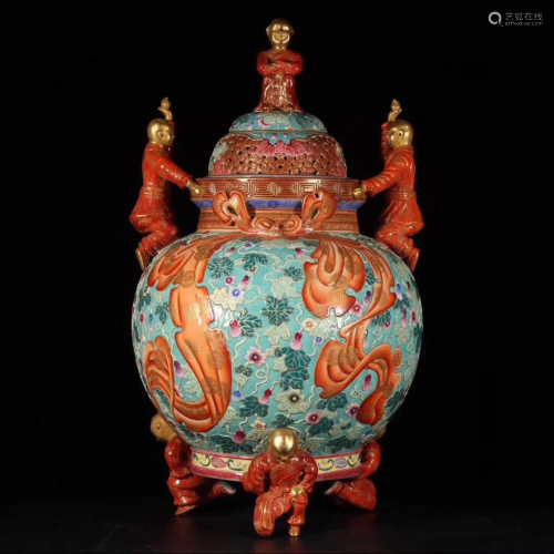Turquoise-Ground Gilt & Red Decorated Porcelain Censer