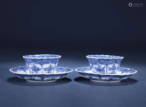 Qing dynasty blue and white cup and cup holder 1*pair