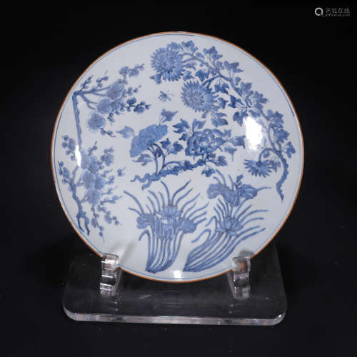 Qing dynasty blue and white plate with flowers pattern