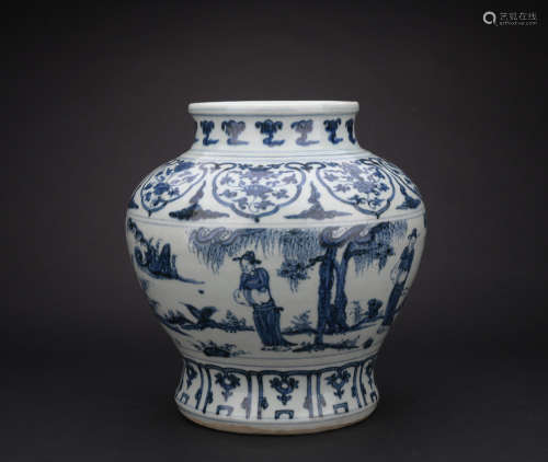 Qing dynasty blue and white jar with figure pattern