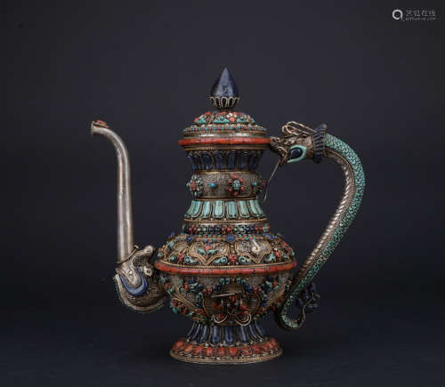 Qing dynasty silver filigree inlay wine pot