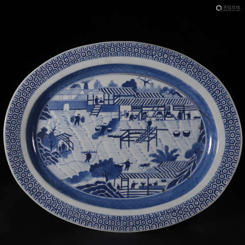 Qing dynasty blue and white plate with figure pattern