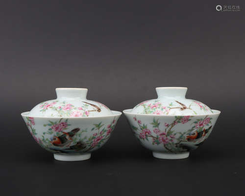 Qing dynasty A famille-rose 'flowers and birds' cover bowl 1*pair