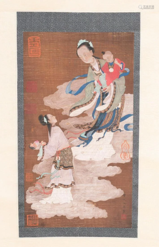 Arte Cinese A painting on silk depicting two ladies