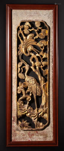A WOOD SCREEN CARVED WITH CRANE&PINE