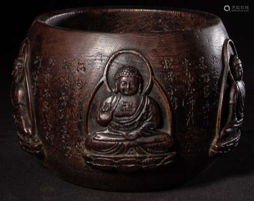 A CHENXIANG WOOD BOWL CARVED WITH BUDDHA